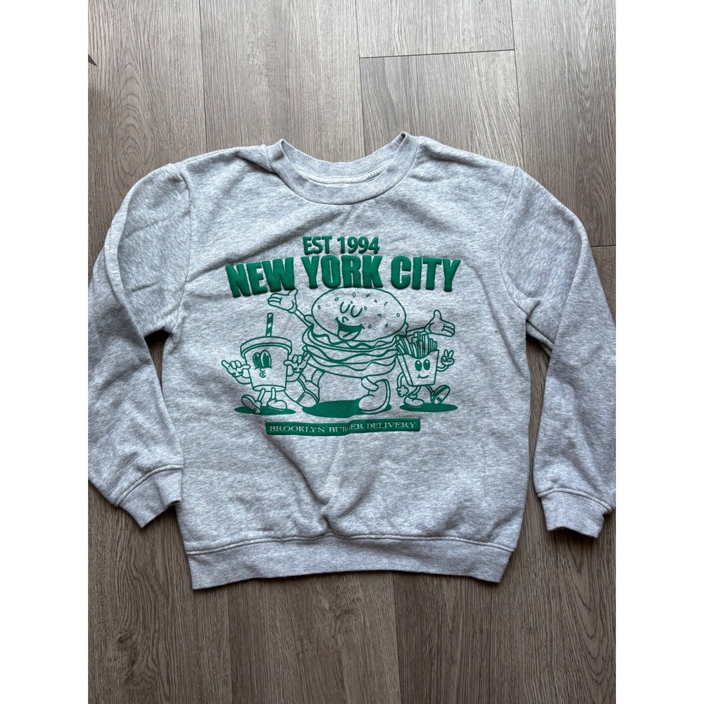 HM Kids New York City Brooklyn Burger Delivery Sweatshirt Gray Green Size 8-10Y